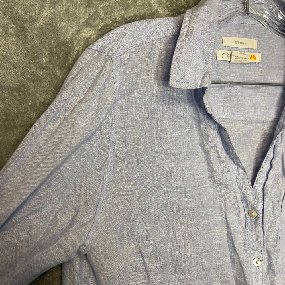 C&C Women Nautical Coastal Beach Resort 100% Linen Roll Tab Button Shirt S Blue